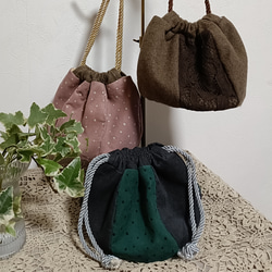 丸底巾着ポーチグリーンドットコーデュロイ 5枚目の画像