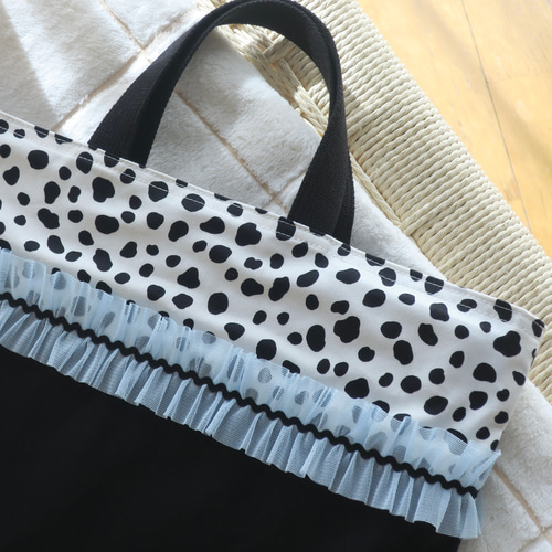 ダルメシアン×水色フリルのレッスンバッグ【サイズ変更可】高学年まで