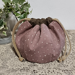 丸底巾着ポーチピンクドットコーデュロイ 1枚目の画像