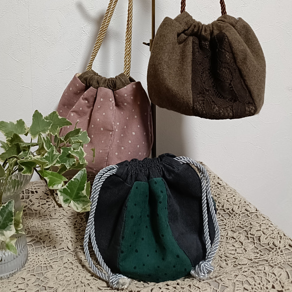 丸底巾着ポーチピンクドットコーデュロイ 5枚目の画像