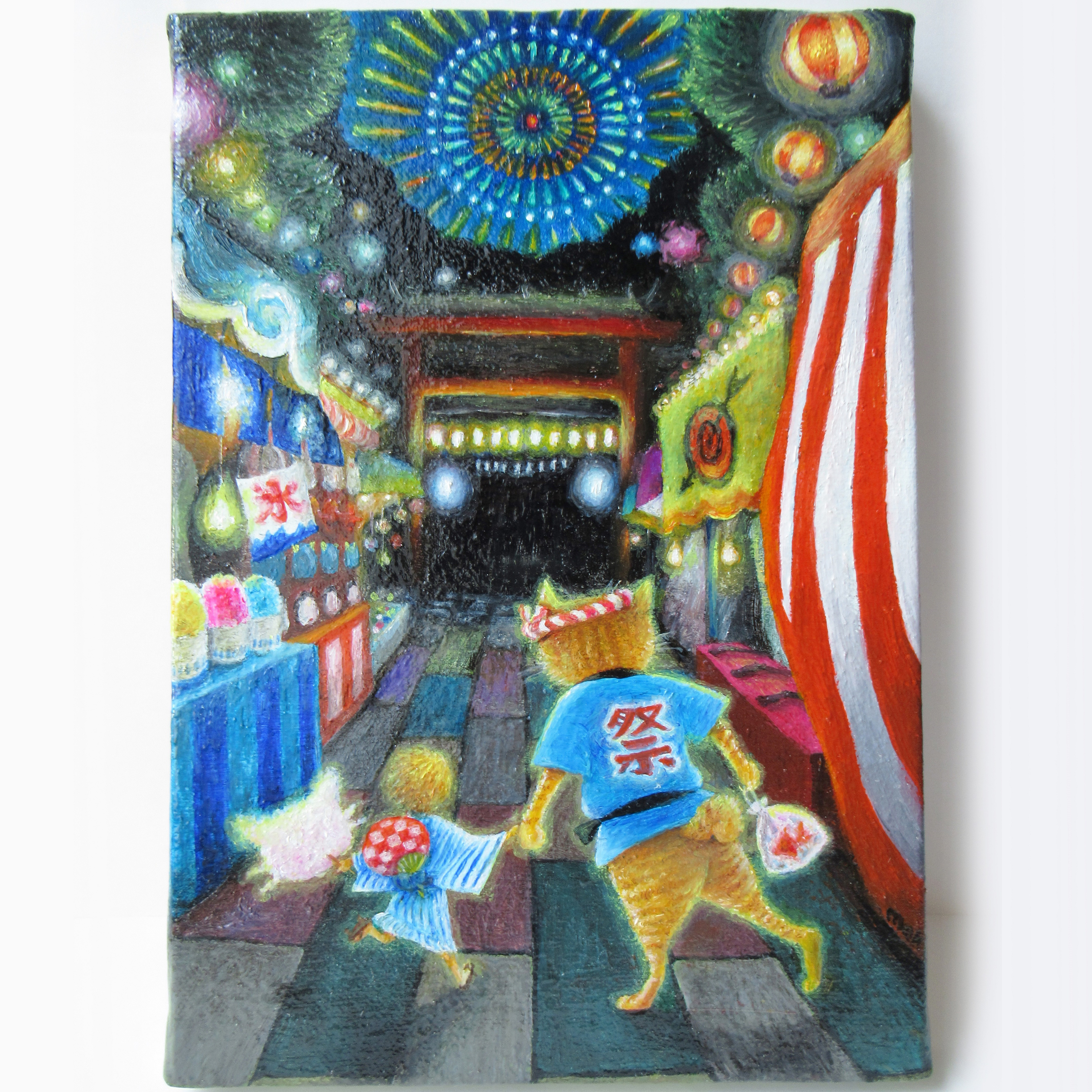 [送料無料][匿名配送]一点もの 猫 茶トラ 祭 油絵 油彩 絵