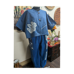 幕（古布）と藍染風柄のタックパンツ　　　古布リメイク 3枚目の画像