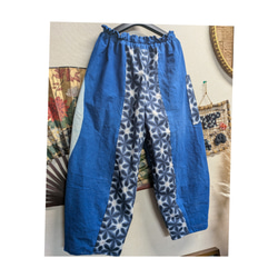 幕（古布）と藍染風柄のタックパンツ　　　古布リメイク 2枚目の画像