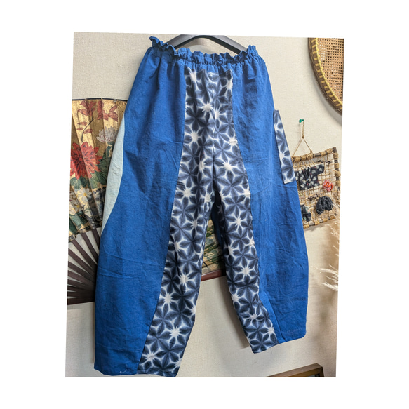 幕（古布）と藍染風柄のタックパンツ　　　古布リメイク 2枚目の画像