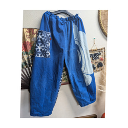 幕（古布）と藍染風柄のタックパンツ　　　古布リメイク 1枚目の画像