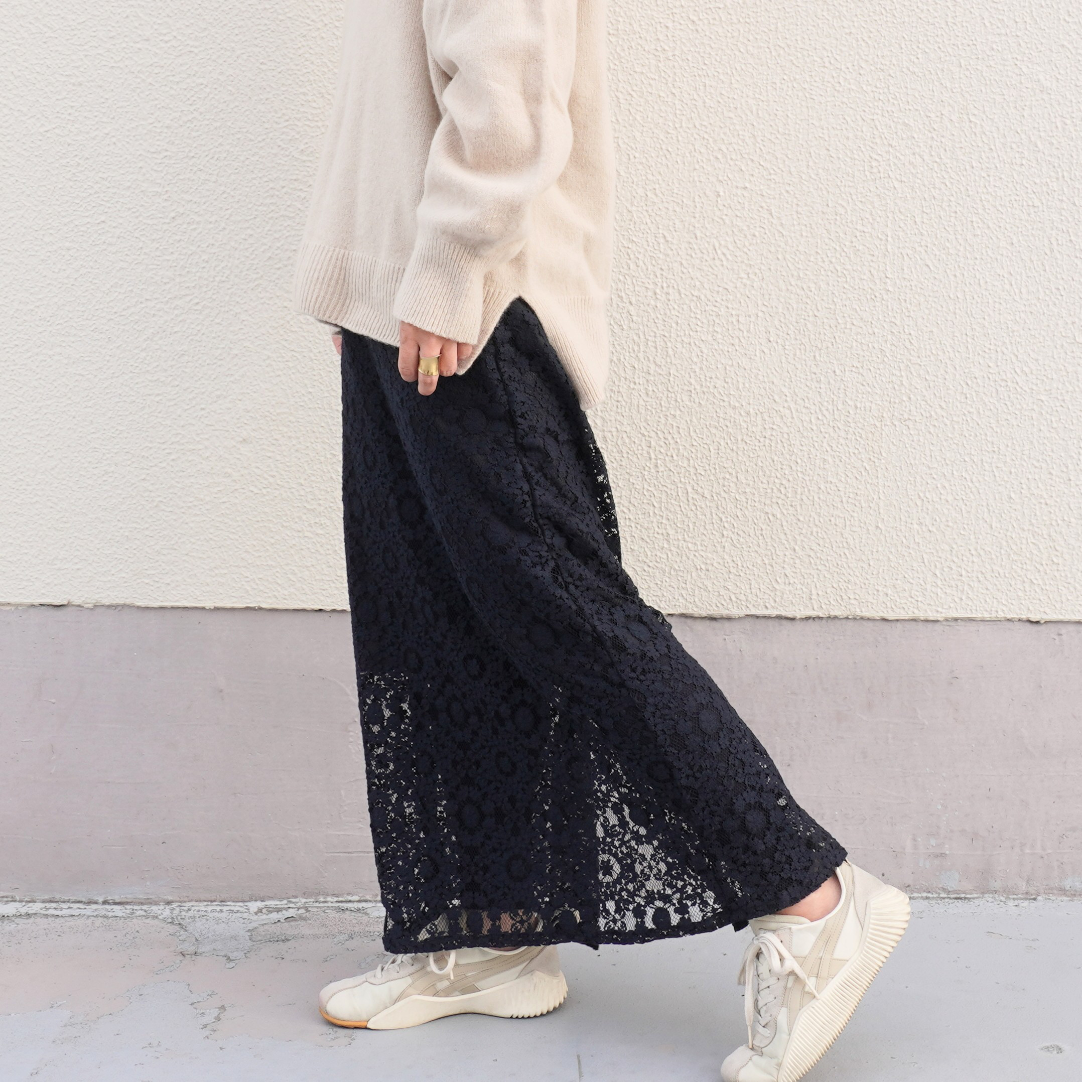 【上品レーススカート】レースナロースカート　ネイビー　日本製