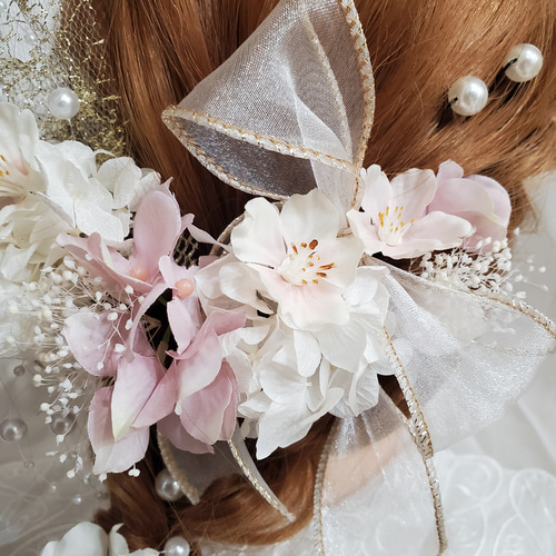 髪飾り 桜 blossom ピンク×ホワイト パール 成人式 結婚式 ヘアピン