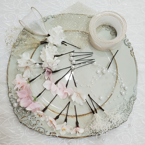 髪飾り 桜 blossom ピンク×ホワイト パール 成人式 結婚式 ヘアピン