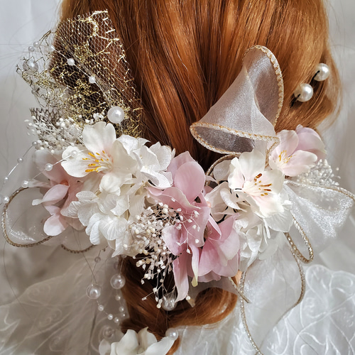 【再販】髪飾り　桜　　blossom　ピンク×ホワイト　パール　成人式　結婚式 髪飾り 桜 blossom ピンク×ホワイト パール 成人式 結婚式 ヘアピン