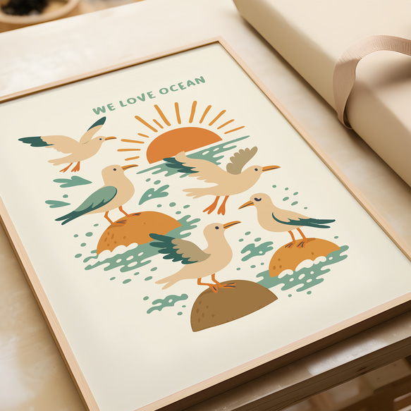 カモメ WE LOVE OCEAN SEAGULL アートポスター  海 シーガル  レトロ  イラスト ポスター 2枚目の画像