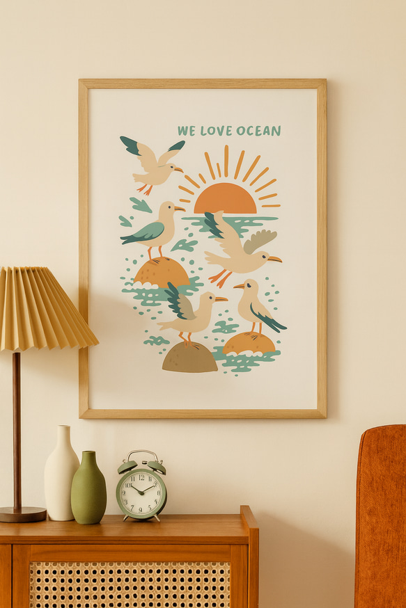 カモメ WE LOVE OCEAN SEAGULL アートポスター  海 シーガル  レトロ  イラスト ポスター 7枚目の画像