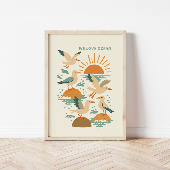 カモメ WE LOVE OCEAN SEAGULL アートポスター  海 シーガル  レトロ  イラスト ポスター 3枚目の画像