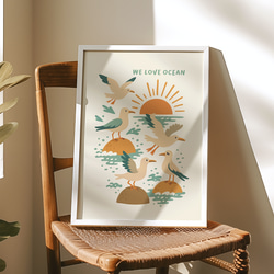カモメ WE LOVE OCEAN SEAGULL アートポスター  海 シーガル  レトロ  イラスト ポスター 4枚目の画像