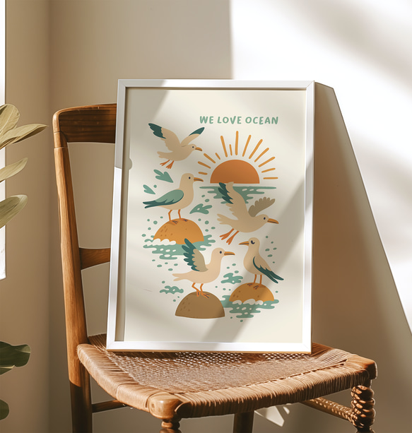 カモメ WE LOVE OCEAN SEAGULL アートポスター  海 シーガル  レトロ  イラスト ポスター 4枚目の画像