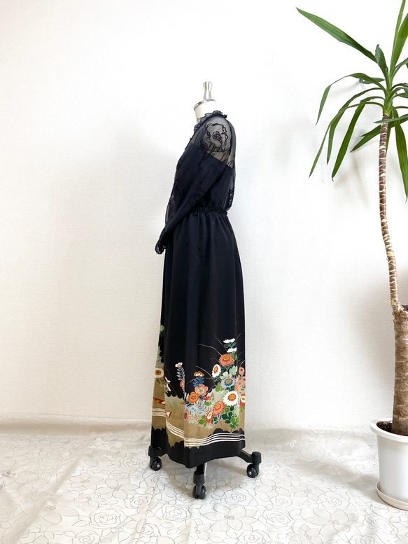 大人可愛いセレブ着物スカートフリーサイズ1点物黒留袖着物リメイクウエストゴムロングスカートフリーサイズ送料込み5722 4枚目の画像