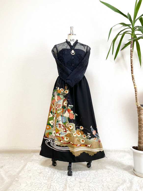 大人可愛いセレブ着物スカートフリーサイズ1点物黒留袖着物リメイクウエストゴムロングスカートフリーサイズ送料込み5722 3枚目の画像