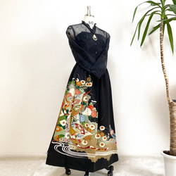 大人可愛いセレブ着物スカートフリーサイズ1点物黒留袖着物リメイクウエストゴムロングスカートフリーサイズ送料込み5722 1枚目の画像