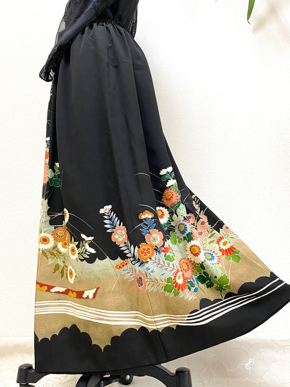 大人可愛いセレブ着物スカートフリーサイズ1点物黒留袖着物リメイクウエストゴムロングスカートフリーサイズ送料込み5722 5枚目の画像