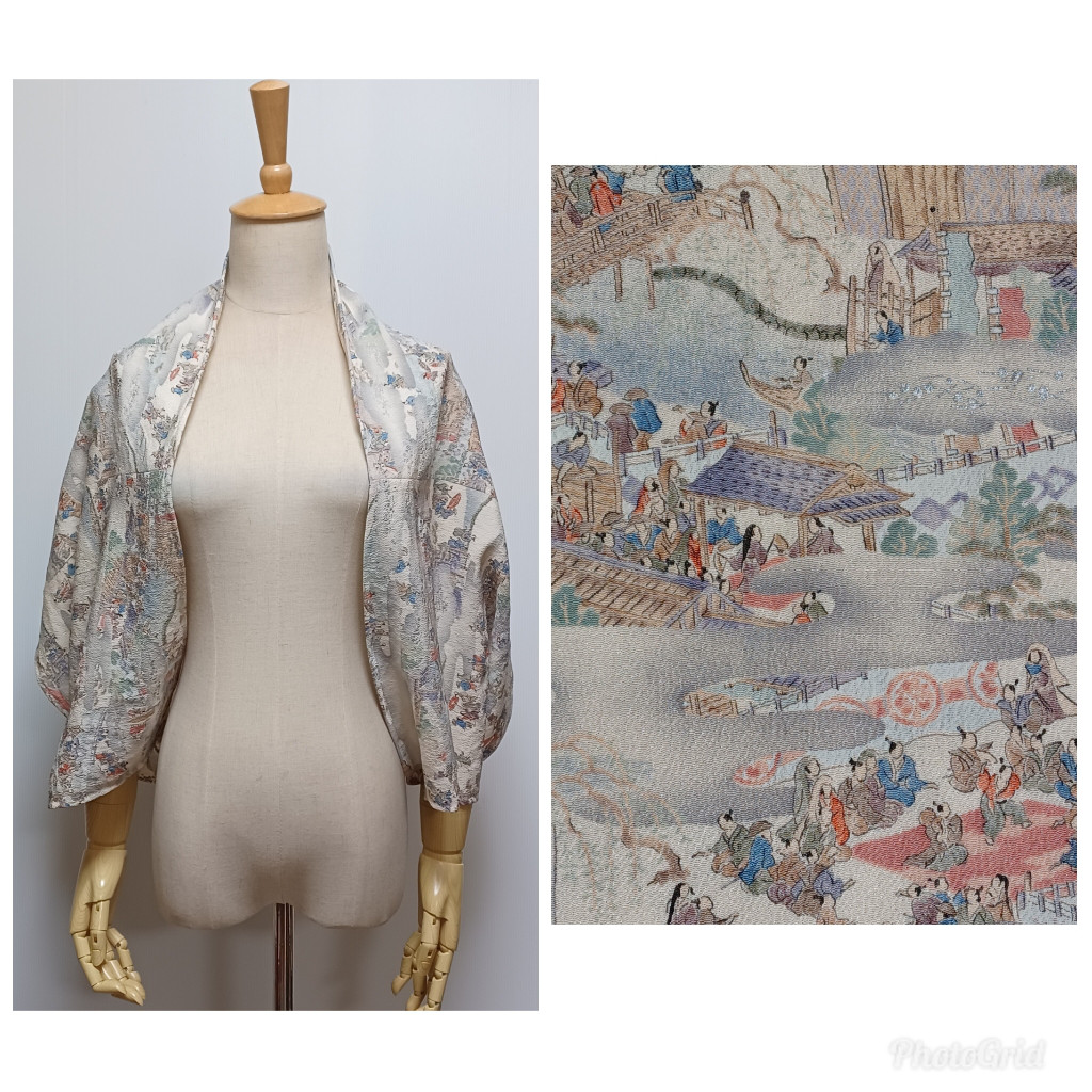 着物リメイク　生成色地　洛中洛外図柄　ストールにもなるゆったりマーガレットカーディガン