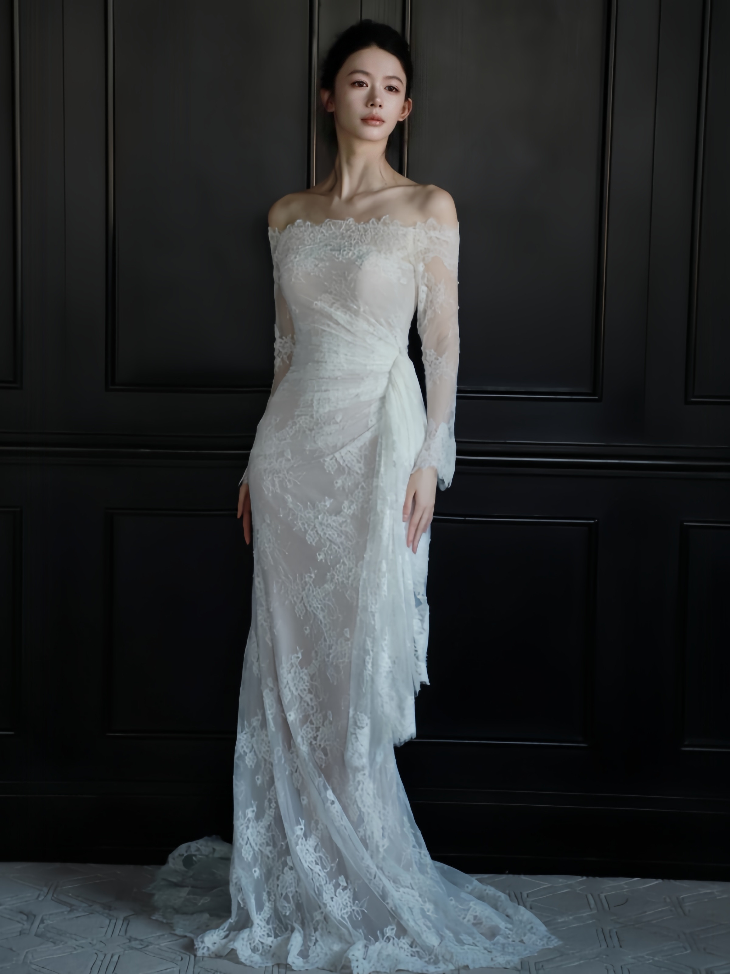 オフショルダー レース長袖 ウェディングドレス 白トレーン シンプル 結婚式 花嫁 前撮り パーティー 披露宴 k749