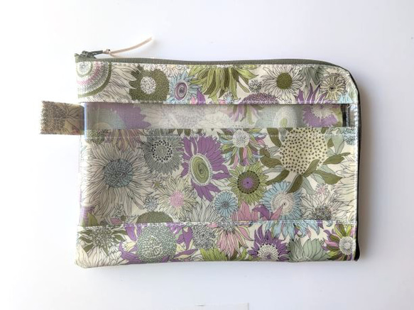 仕切り付きB6　L字ファスナー　クリアポーチ　スモールスザンナ　リバティ　ラミネート　♡大小さまざまなひまわり 1枚目の画像