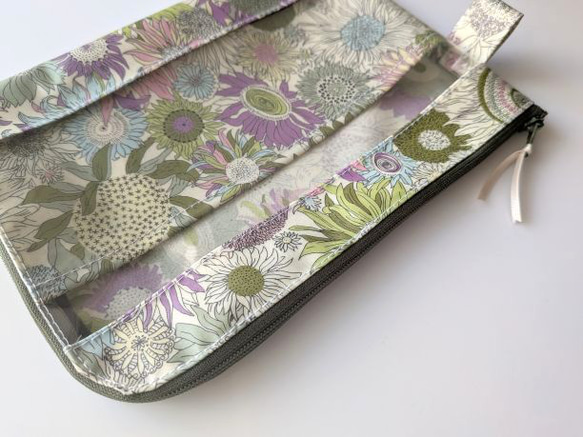 仕切り付きB6　L字ファスナー　クリアポーチ　スモールスザンナ　リバティ　ラミネート　♡大小さまざまなひまわり 4枚目の画像