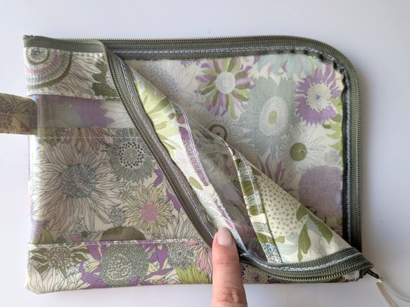 仕切り付きB6　L字ファスナー　クリアポーチ　スモールスザンナ　リバティ　ラミネート　♡大小さまざまなひまわり 5枚目の画像