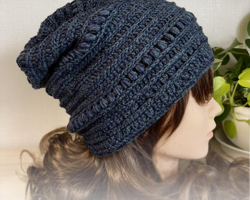 ハンドメイド ニット帽 ビーニー ネイビー カジュアル ニット帽