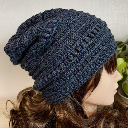 ハンドメイド ニット帽 ビーニー ネイビー カジュアル ニット帽