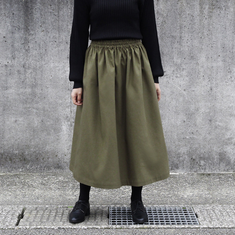 コットンリネン ギャザースカート（ オリーブドラブ ）リネン 綿 麻 ロング マキシ ポケット