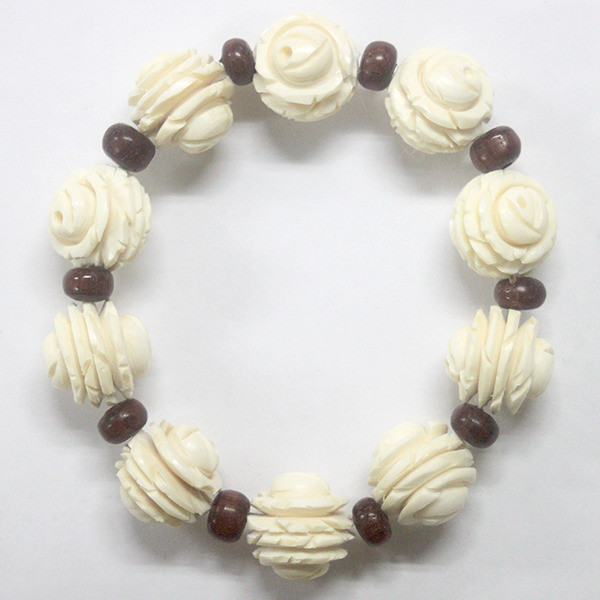 【本象牙】ブレスレット・バラ彫り15mm×10個間玉（紫檀）入（No.Z_BL015）