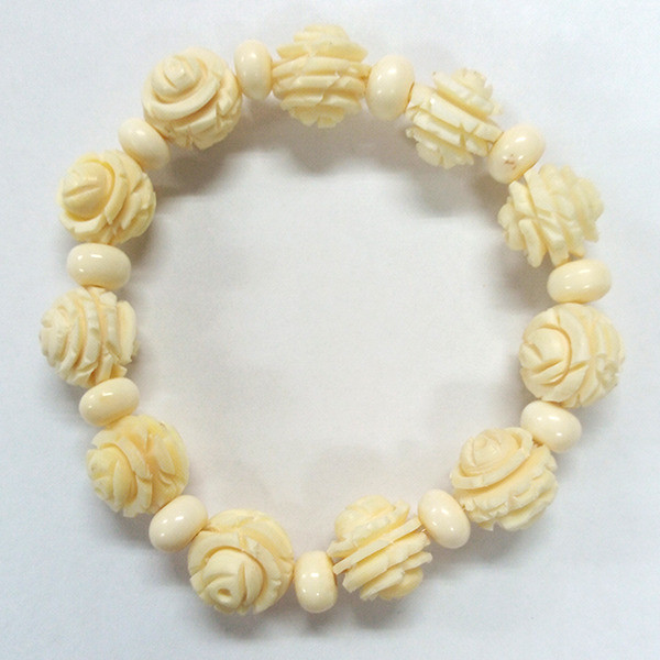 【本象牙】ブレスレット・バラ彫り12mm×11個間玉入（No.Z_BL025）