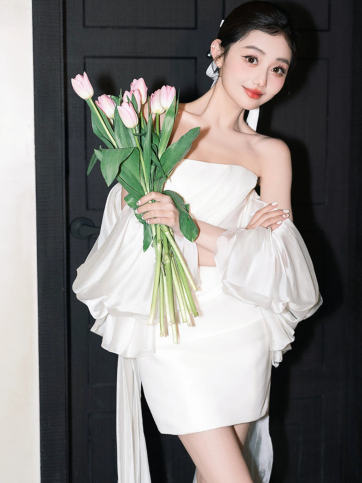 オフショルダー ショート丈 ウェディングドレス サテン 白 結婚式 花嫁 前撮り パーティー 披露宴 K684