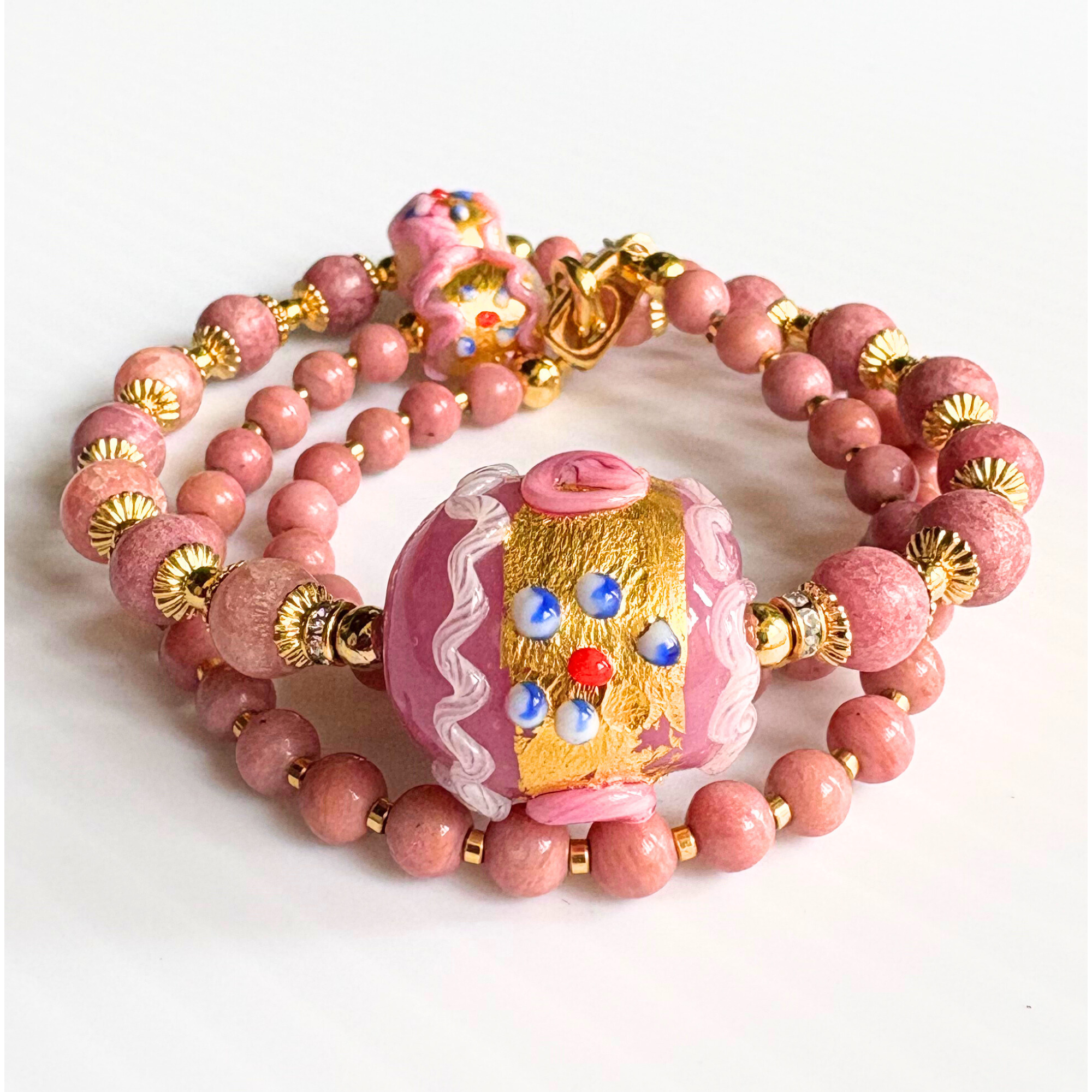 【CA77】　ヴェネチア　作家物　本金彩　トンボ玉　ロードナイト　ネックレス　天然石　天然石ビーズアクセサリー 9,675円