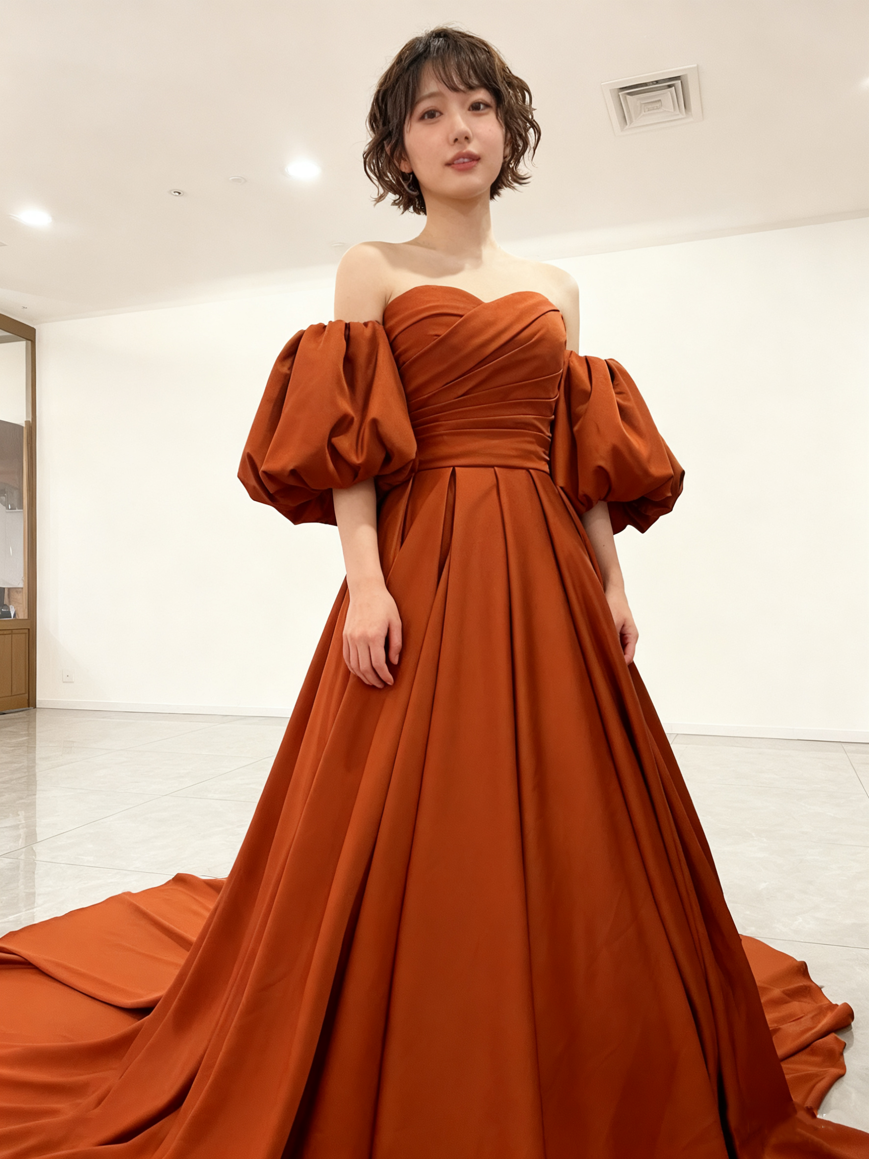 送料無料！カラードレス 2ways パフスリーブ パフスリーブ 高級イタリアサテン テラコッタ色 結婚式