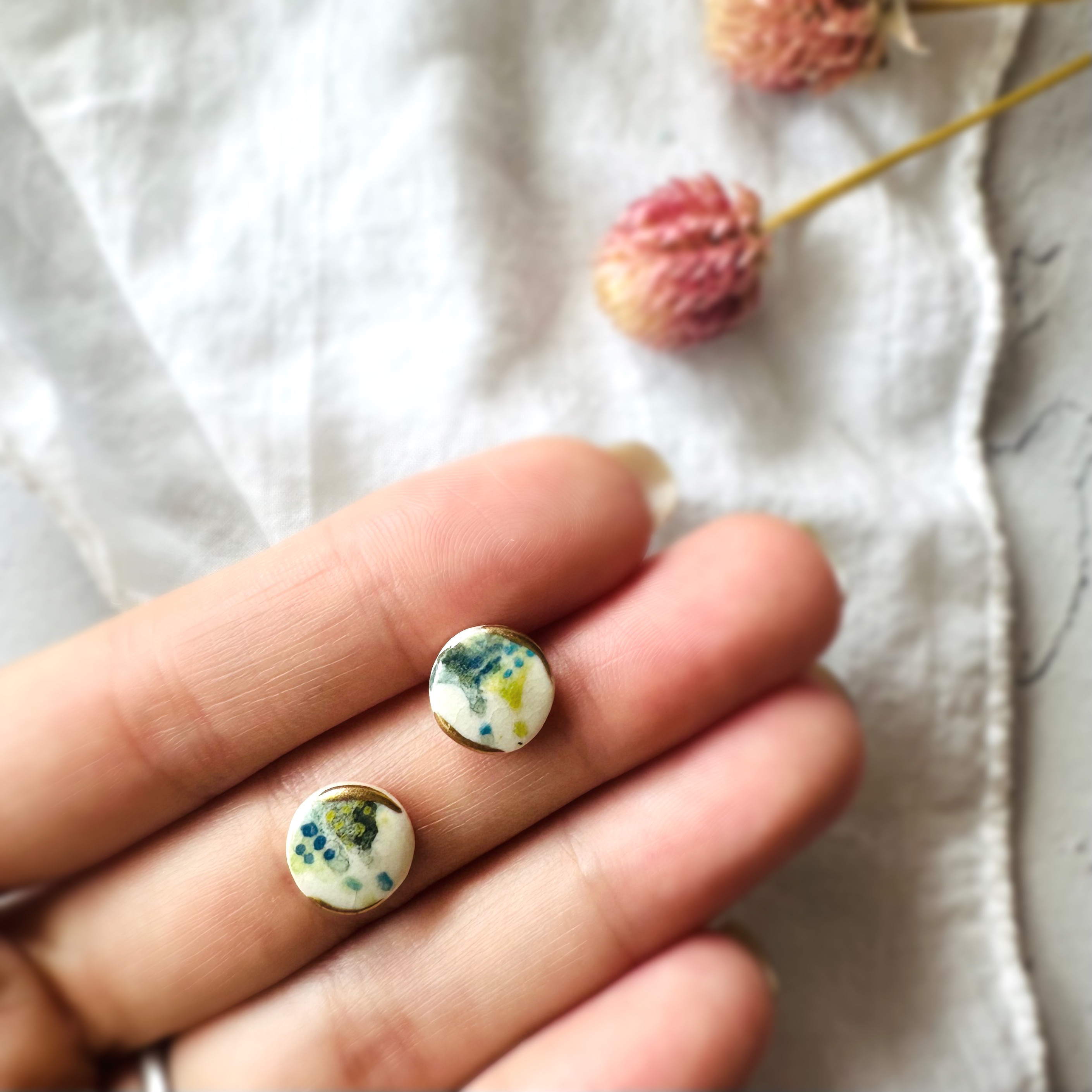 しずく 金継ぎ 陶器 ピアス イヤリング ノンホールピアス 雫  ゴールド 金 グリーン 緑 水色 青 ブルー 小さい