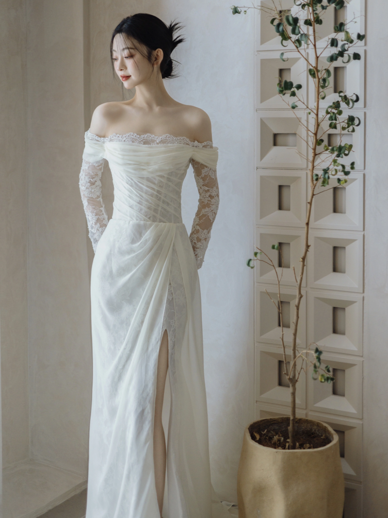 オフショルダー レース長袖 ウェディングドレス 白 トレーン 結婚式 花嫁 前撮り パーティー 披露宴 k676