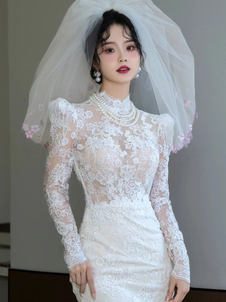 レース長袖 マーメイドウェディングドレス 白 トレーン 結婚式 花嫁 前撮り パーティー 披露宴 k675