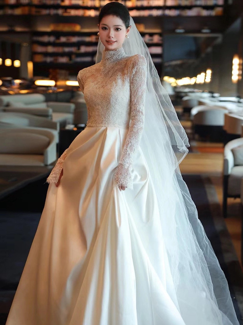 レース長袖 ウェディングドレス 白 トレーン 結婚式 花嫁 前撮り パーティー 披露宴 k658