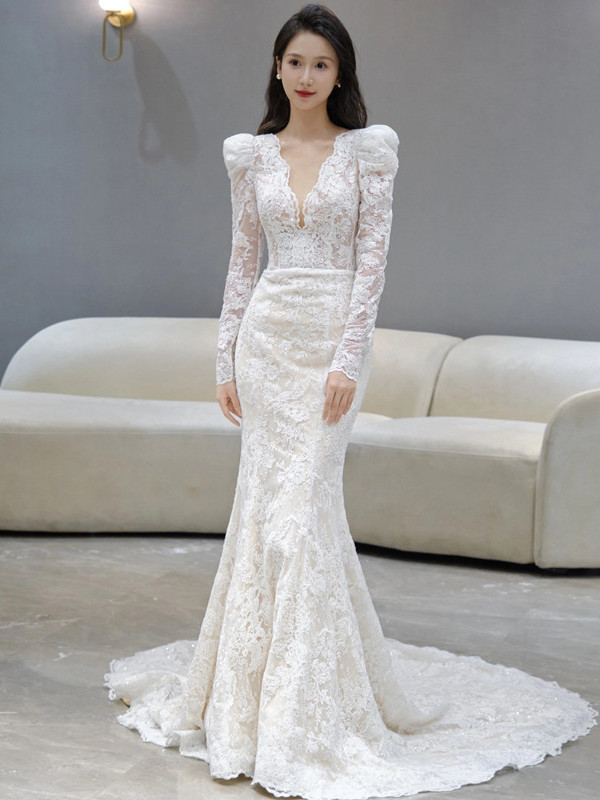 レース 長袖 マーメイドウェディングドレス 白 トレーン 結婚式 花嫁 前撮り パーティー 披露宴 k652