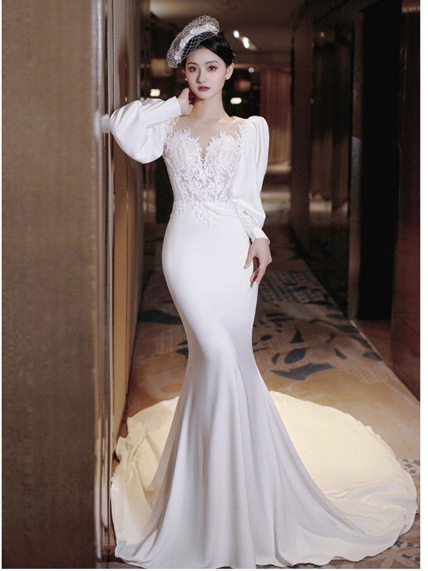 長袖 マーメイドウェディングドレス サテン レース 白 シンプル 結婚式 花嫁 前撮り パーティー 披露宴 k641