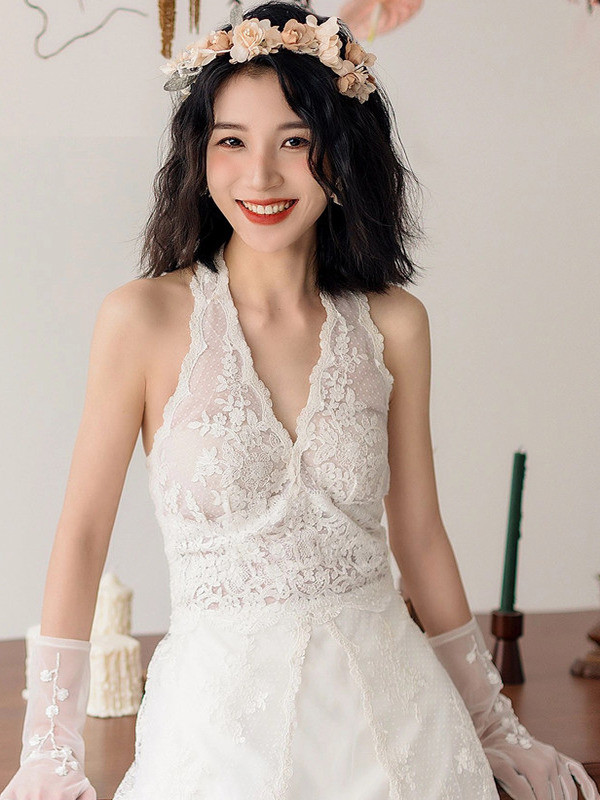 ネックホルダー ウェディングドレス レース 白 シンプル 結婚式 花嫁 前撮り パーティー 披露宴 k638