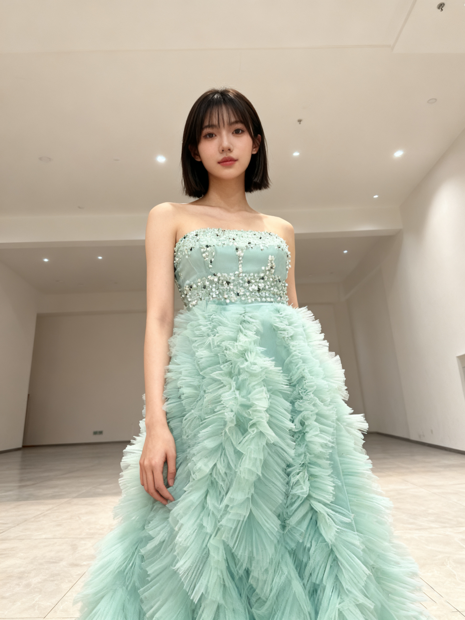 送料無料！カラードレス ブルー ベアトップ アシンメトリードレス 結婚式 前撮り キラキラスパンコール