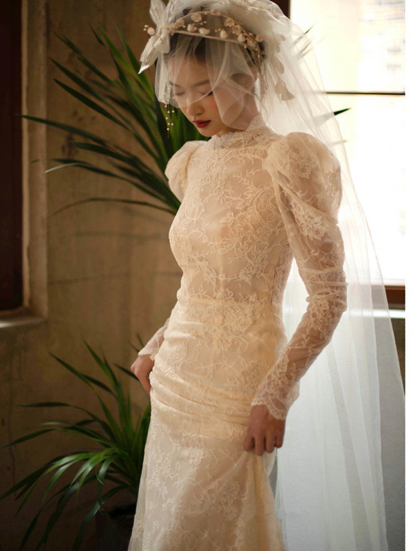 レース 長袖 マーメイドウェディングドレス トレーン 白 シンプル 結婚式 花嫁 前撮り パーティー 披露宴 k615