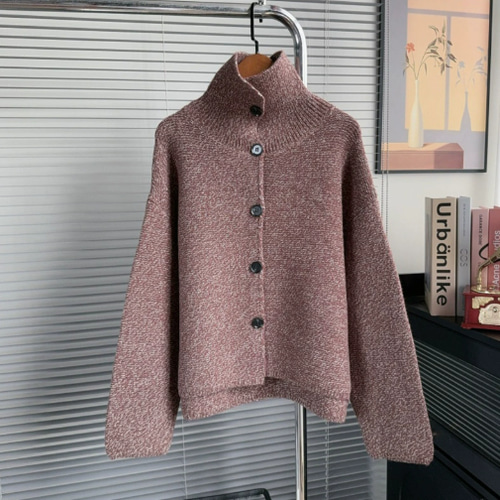 Amomento ダークブラウン ハイネックカーディガン Amomento ダークブラウン リブ編み ハイネックカーディガン AMOMENTO