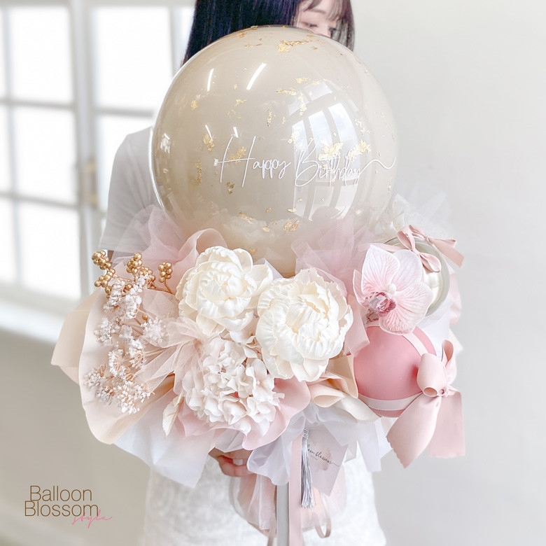 くすみカラーのMellowブーケ 《ブラッシュピンク》☆バルーン花束（H : 55cm   W : 40cm)