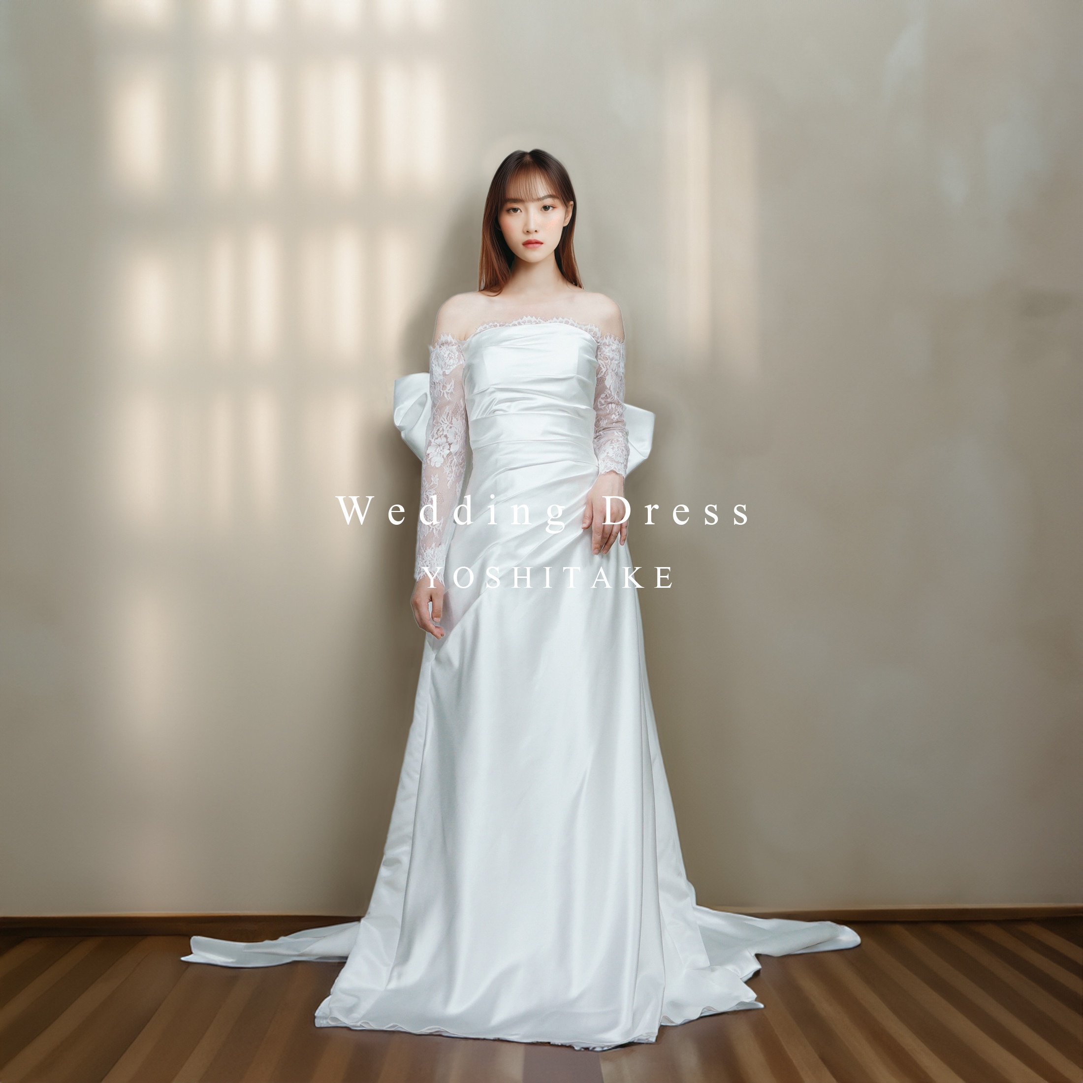 【オーダー制作】ウエディングドレス.白.レース長袖.マーメイド.サテン.リボン.Y2151