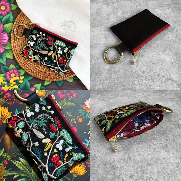 【Creema限定】鳥とお花のクリスマスカラー/インド刺繍×帆布/トートバッグ＆ポーチセット 14枚目の画像