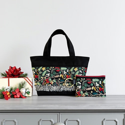 【Creema限定】鳥とお花のクリスマスカラー/インド刺繍×帆布/トートバッグ＆ポーチセット 3枚目の画像