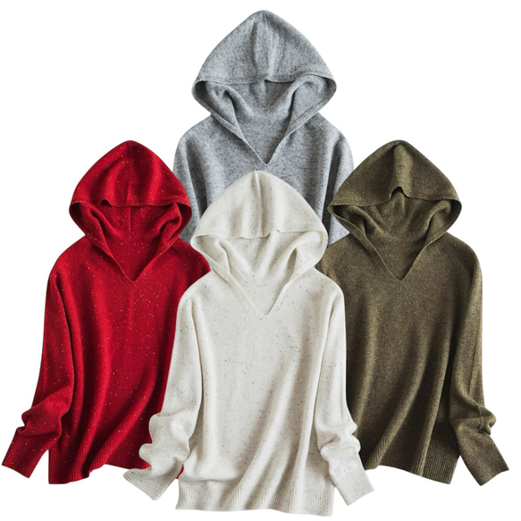 ◇4color【柔らか フード 無縫製 シームレス ニット ウール100%】長袖 T-00011 1枚目の画像